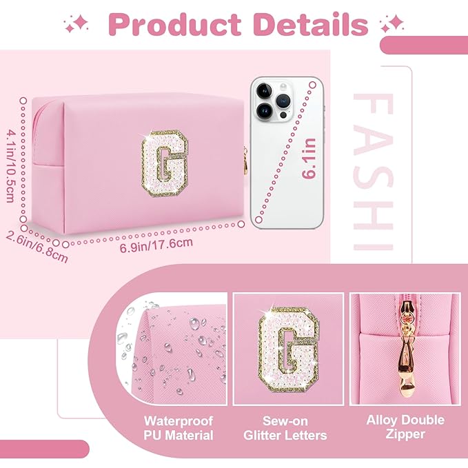 Small Personalized Initial A-Z Patch Makeup Bag,Pink Cute PU Leather Glitter Letter Cosmetic Bag for Teen Girls,Travel Toiletry Bag with Zipper,Preppy Monogrammed Birthday Gift for Daughter Niece G