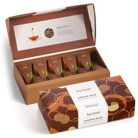 Tea Forte Pumpkin Spice Black Tea Petite Presentation Box Tea Gift Set Sampler, 10 Individually Wrapped Handcrafted Pyramid Infuser Bags