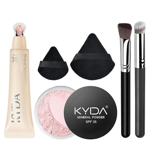 KYDA 6 Pcs Pink Mineral Under Eyes Concealer Kit, Included Eyes Concealer Cream+Loose Setting Powder, SPF 35, Eyes Color Corrector Set, Correct & Conceal Dark Circles, with Brushes and Makeup Puffs