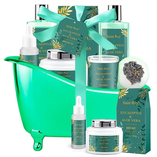 Father's Day Gifts for Men for Dad bath and body Gifts for Her & him Gift Baskets for Women - Saint Roy Eucalyptus & Aloe Vera Scented Birthday Gifts for Women,8 pcs Spa Gift Set, Mother's Father Day