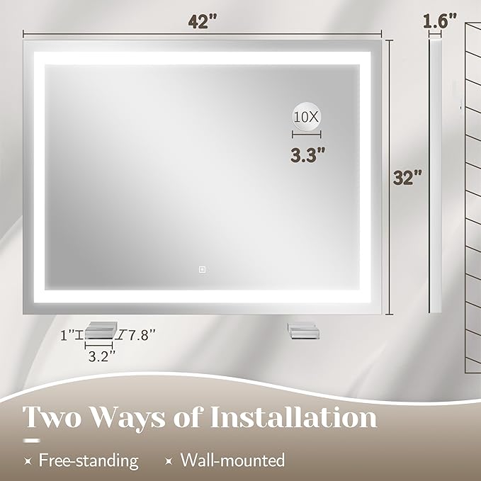 FENNIO Large Vanity Mirror with Lights，42" x 32"Makeup Mirror with Lights，Hollywood Mirror with 3 Color Modes & Adjustable Brightness，Vanity Mirror Square White