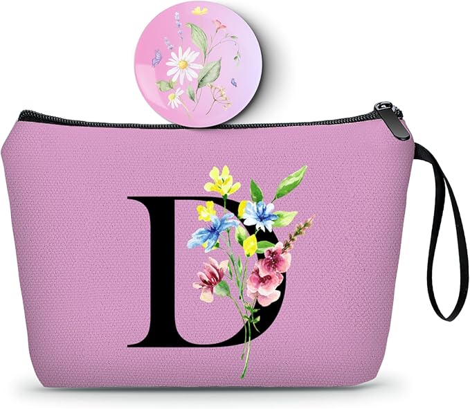 Women Birthday Maid of Honor Monogrammed Gifts for Bride Bridesmaid Sister Friend Her Teacher Makeup Cosmetic Bag with Mirror Mothers Day Christmas Graduation D