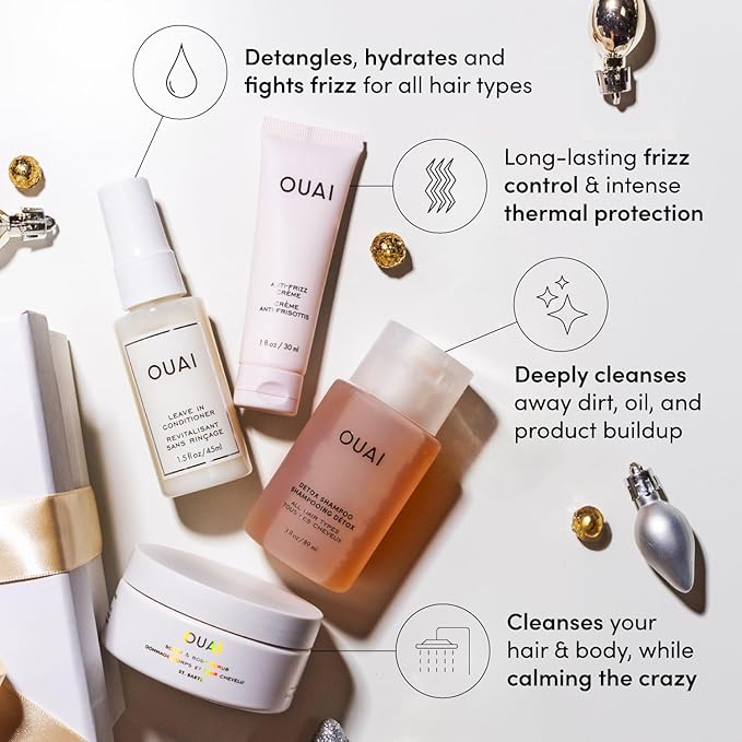 OUAI Gift Set - Travel Size Hair & Body Care Set - Includes Detox Shampoo, Deluxe Anti Frizz Cream, Leave In Conditioner, Scalp & Body Scrub (4 Count)