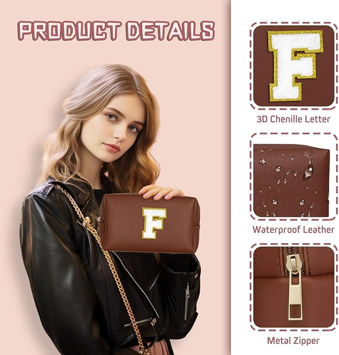 TOPEAST Preppy Small Makeup Bag, Chenille Letter Pouch Cosmetic Bag With Zipper, PU Leather Waterproof Toiletry Bag, Personalized Birthday Gift for Women, Cute Stuff for Girls (Brown D)