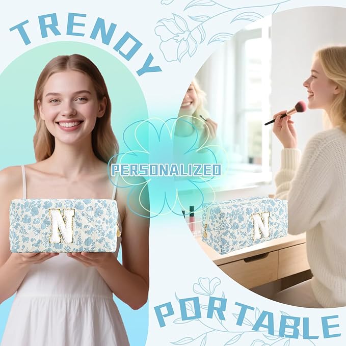 Personalized Quilted Cosmetic Bag, Puffy Monogrammed Christmas Birthday Gifts for Women & Girls, Cute initial Floral Makeup Bag Puffer Coquette Bag, Aesthetic Travel Toiletry Zipper Pouch(Blue,N)