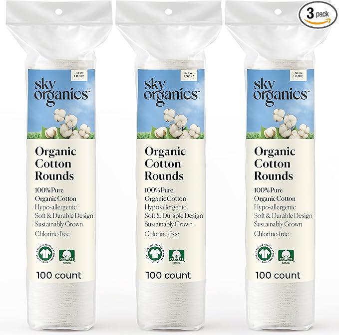 Sky Organics Organic Cotton Rounds for Sensitive Skin, 100% Pure GOTS Certified Organic for Beauty & Personal Care, 300 ct