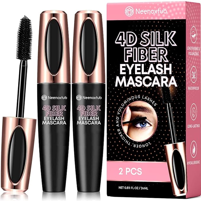 4D Silk Fiber Lash Mascara, Lengthening and Thick, Long Lasting, Waterproof & Smudge-Proof, Hypoallergenic Formula 2 Pack Black