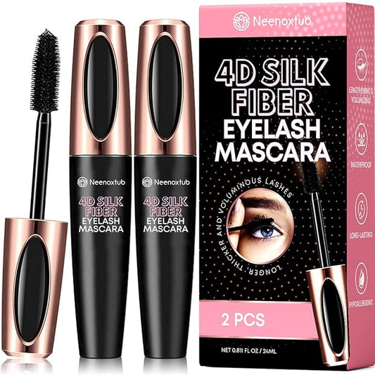4D Silk Fiber Lash Mascara, Lengthening and Thick, Long Lasting, Waterproof & Smudge-Proof, Hypoallergenic Formula 2 Pack Black