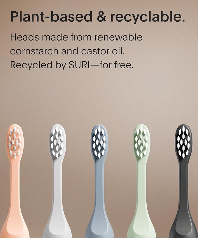 SURI Recyclable Plant-Based, Electric Toothbrush Heads - Built-in Tongue Scraper, Long Lasting Replacement Heads | Compatible Only Sonic Electric Toothbrush - Midnight Black, Pack of 3