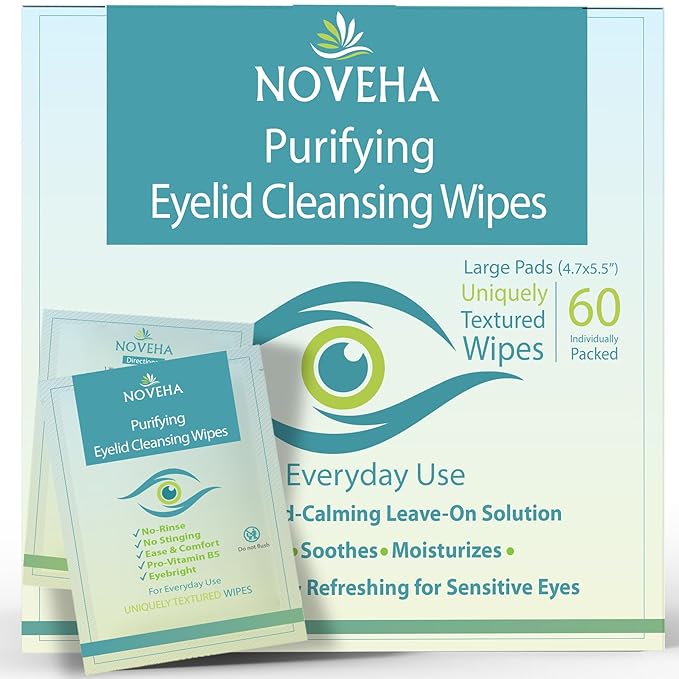NOVEHA Eyelid & Lash Wipes | For Itchy, Dry Eyes, Styes & Blepharitis | lid and lash Cleansing Wipes, Hypoallergenic & Soothing For Sensitive Eyes, Pack of 60