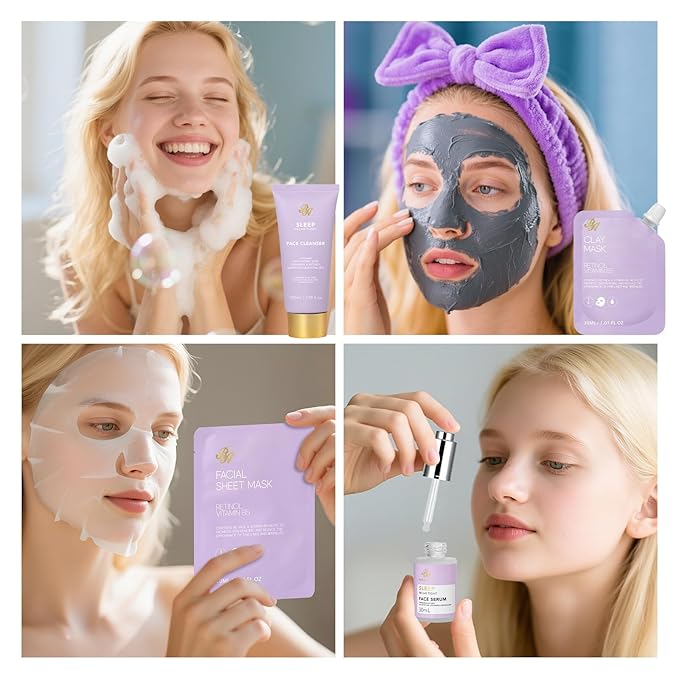 Lavender 33 Pcs Spa Bath & Body Gift Set, Face Sheet Mask Skin Care for Women, Hydrogel Mask, Lip Gloss, Cosmetic Bag, Face Serum, Necklace, Cleanser, Gua Sha, Christmas, Mother Day, Anniversary