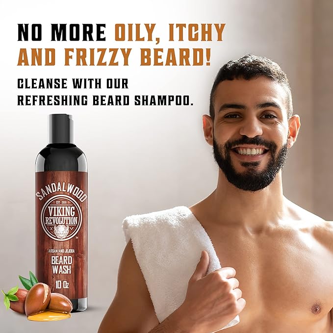 Beard Wash & Beard Conditioner Set w/Argan & Jojoba Oils - Softens & Strengthens - Natural Sandalwood Scent - Beard Shampoo w/Beard Oil (10oz)
