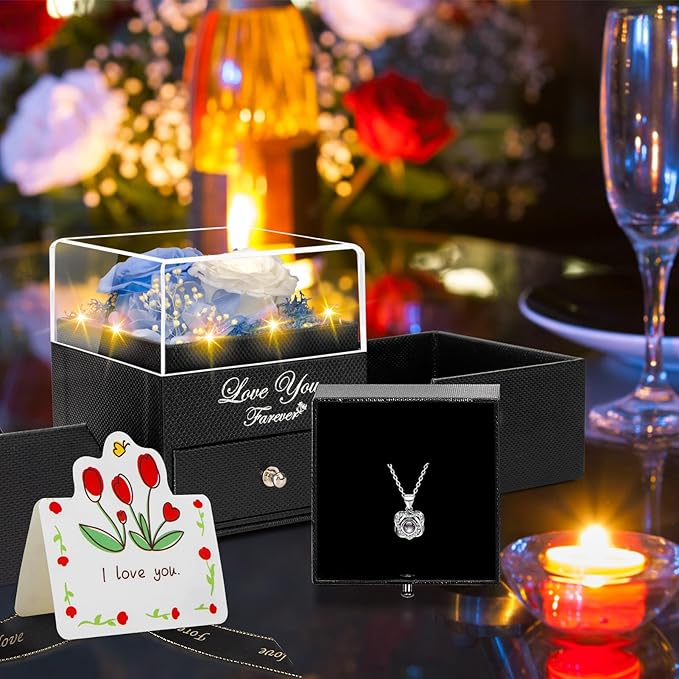 2 Preserved Real Rose with Heart I Love You Necklace- Eternal Rose Birthday Gifts for Women Wife Girlfriend Her Mom on Festivals Gifts Christmas Valentines Mothers Day Anniversary-Sky Blue White