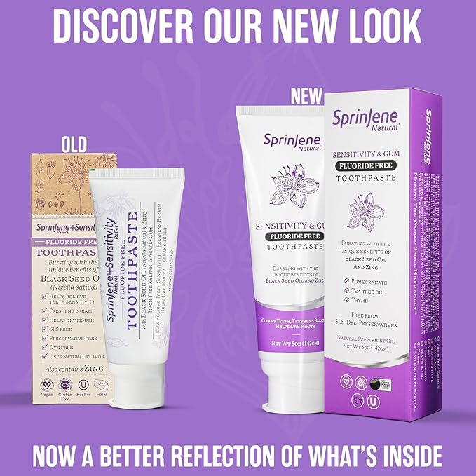 SprinJene Natural Fluoride Free Toothpaste for Sensitive Teeth & Gums – Patented Toothpaste with Black Seed Oil & Zinc – Vegan Dry Mouth Prevention for Fresh Breath – Made in The USA (1 Pack)