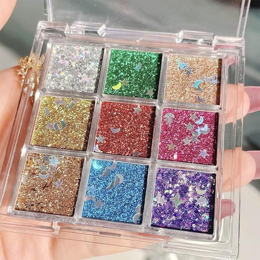 AMY'S DIARY 9 Colors Pressed Glitter Eyeshadow Palette Glitter Silver Blue Purple Gold Eyeshadow Palette, Glitter Daily Party Sparkling Eye Face Makeup Cosmetics (D1)