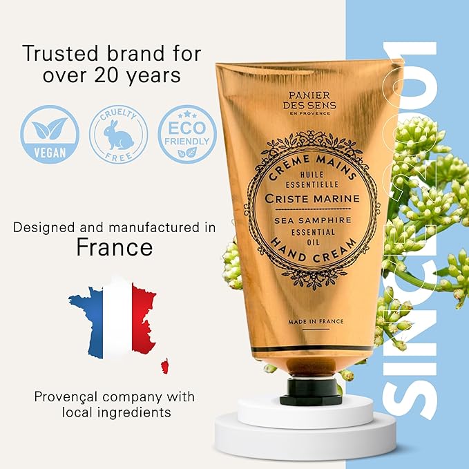 Panier des Sens - Hand Cream for Dry Cracked Hands - Sea Samphire Hand Lotion with Shea Butter & Olive Oil - Vitamin E Skin Moisturizer with 97% Natural Ingredients - Made in France, 2.5 fl oz
