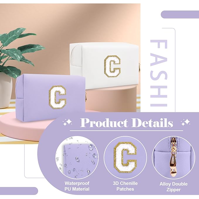 Personalized Makeup Bag Initial A-Z Preppy Patch Bag,Small PU Leather Travel Cosmetic Bag Pouch with Zipper,Purple Cute Toiletry Bag,Gift Ideal for Teen Girls Women Birthday Friend Mom,Latter C