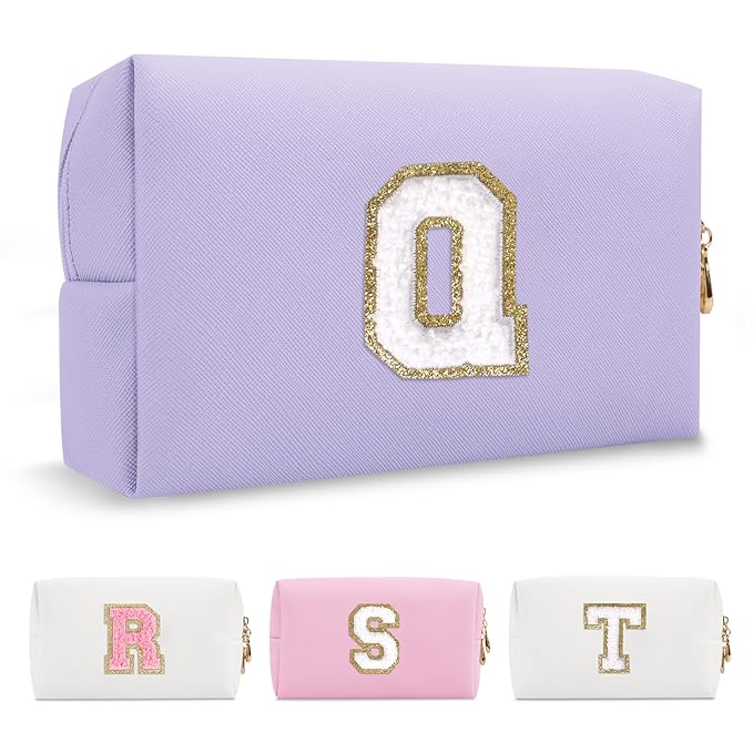 Personalized Makeup Bag Initial A-Z Preppy Patch Bag,Small PU Leather Travel Cosmetic Bag Pouch with Zipper,Purple Cute Toiletry Bag,Gift Ideal for Teen Girls Women Birthday Friend Mom,Latter Q