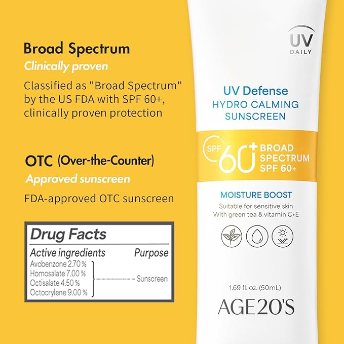 AGE20'S UV Defense Hydro Calming Sunscreen SPF 60+ | Korean Sunscreen | Moisturizing Creamy Formula, No White Cast, Lightweight Finish | Green Tea + Aloe Vera | Dermatest Excellent | 1.69 fl.oz*2