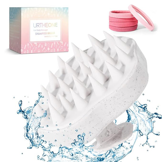 URTHEONE Scalp Massager Shampoo Brush, Hair Scalp Scrubber Head Massager with Soft Silicone Bristles for Women Men Kids Pets Shower and Hair Growth(Beige) Includes 5 Pcs Hair Ties