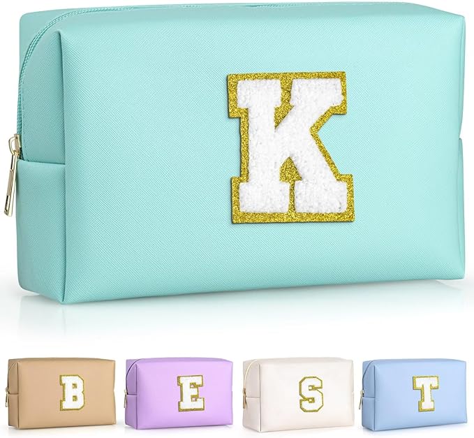 TOPEAST Initial Cosmetic Bag, PU Leather Waterproof Travel Toiletry Bag, Monogrammed Gifts for Women, Personalized Birthday Gift for Sister Friends, Cute Stuff for Girls (Blue K)
