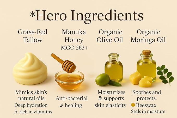 100% Grass-Fed Beef Tallow Balm For Skin Manuka Honey MGO 263+, Organic Beeswax & Olive Oil – Handmade All-Natural Skincare for Soft, Smooth Skin (2oz, Unscented + Moringa oil)