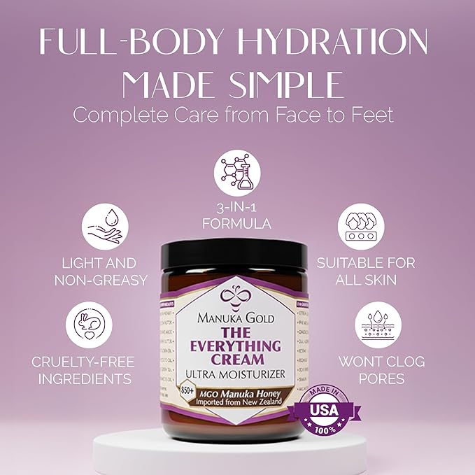 Manuka Gold The Everything Cream - Honey Manuka Cream in Glass Jar with Nourishing Oils for Dry skin - Hydrating Face Moisturizer with Aloe, Shea & Coconut 4 Fl Oz