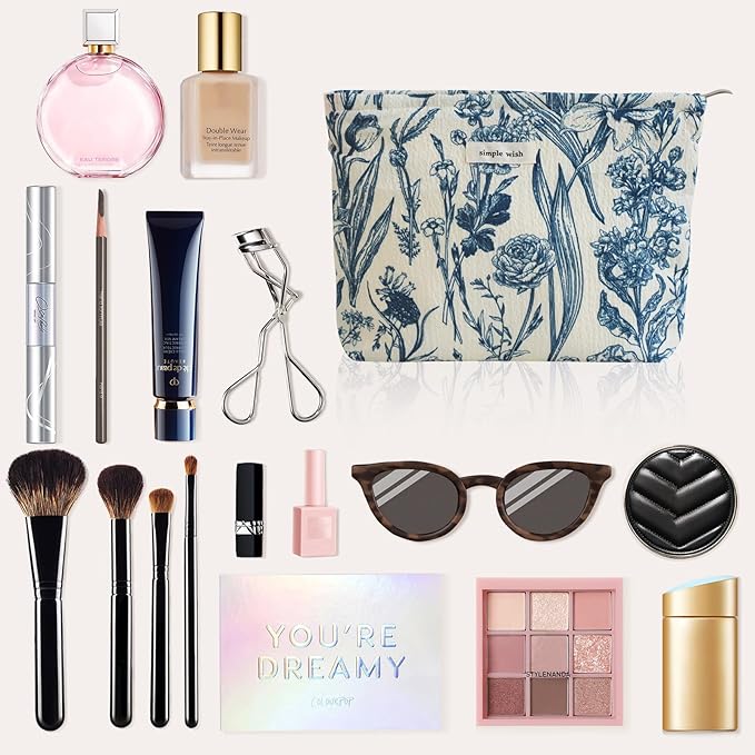 Wudygirl Cute Makeup Bag for Women - Travel Cosmetic Bag with Zipper Makeup Pouch Floral Make up Organizer Handbag Aesthetic (Porcelain Blue)