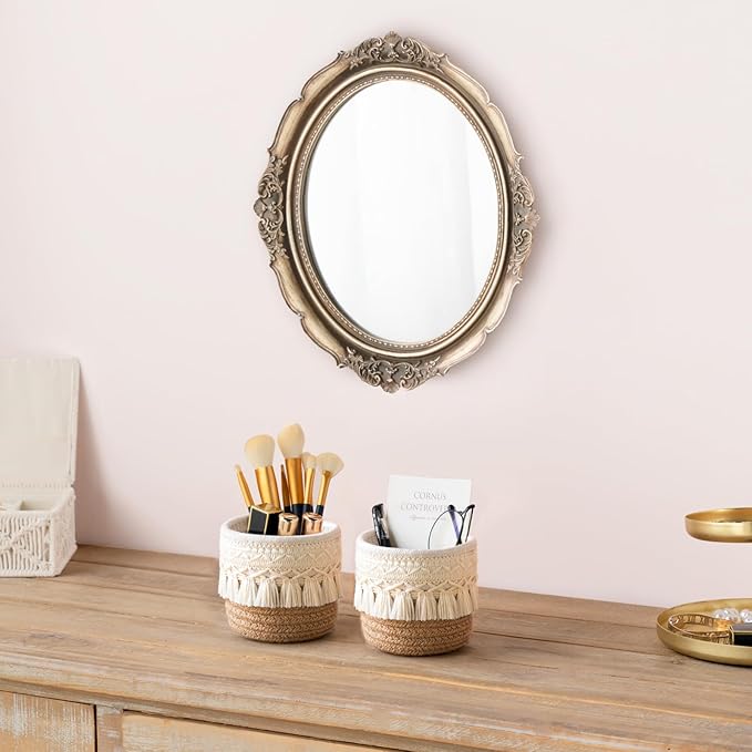 Mkono Macrame Makeup Brush Holder Organizer Comb Brushes Mini Storage Basket Set of 2 Boho Decor Baskets for Pen Pencil Box Container,Yellow and White