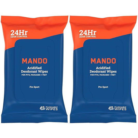 Mando Deodorant Wipes - 24 Hour Odor Control - Aluminum Free, Baking Soda Free, Skin Safe - 45 Count (2 Pack)