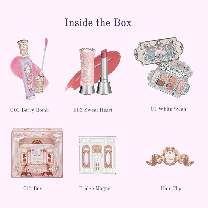 Flower Knows Swan Lake Treasure Makeup Box Set,6 Pack Makeup Box,Lip Gloss×1+Shine Lipstick×1+Eyeshadow×1+Hair Clip×1+Gift Box×1