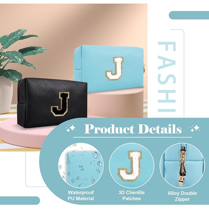 Small Personalized Initial A-Z Preppy Patch Makeup Bag,PU Chenille Letter Travel Cosmetic Pouch with Zipper,Blue Cute Toiletry Bag,Gift Ideal for Teen Girls Women Teacher Bridesmaid,Letter J
