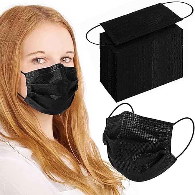 100Pcs Black Disposable Face Mask, 3 Ply Black Face Masks with Soft Elastic Ear loops