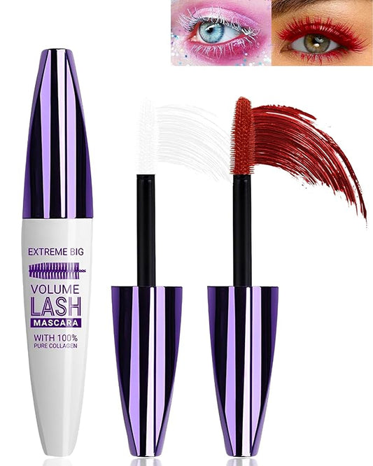 5D White Red Mascara for Eyelashes, Longlasting Waterproof Colored Volumizing Mascara Volume and Length,Curling Fiber rimel de pestañas,Eye Makeup Gift for Women Girl Cosplay Party Stage Use