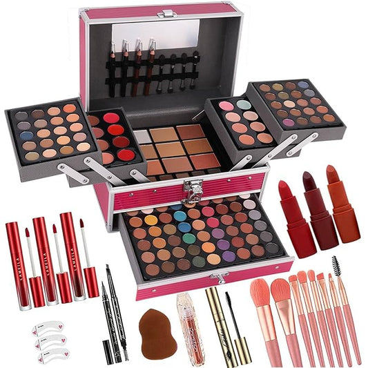 132 Color All In One Makeup Kit for Women & Girls, Professional Full Set Including Eyeshadow, Lipstick, Concealer, Lip Gloss, Eyeliner, Mascara, Makeup Brushes (006N1-Pink)