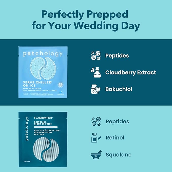 Patchology Bridal Shower Gift Box – Something Blue Cooling Under Eye Patches for Brides & Bridesmaids, Depuffing & Firming Gel Masks with Peptides & Bakuchiol – Wedding Skincare Gift Set