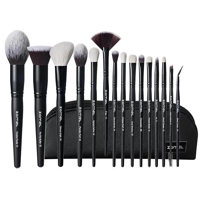 ZAMEL Professional Makeup Brush Set - 15pcs Labeled Black Foundation & Eyeshadow Brushes with Travel Case, Cruelty-Free Premium Synthetic hair Soft Bristles, Ideal for Women & Makeup Lovers