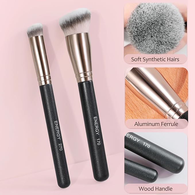 ENERGY Makeup Brush Set - 8PCS Professional Makeup Brushes for Foundation, Concealer, Eyeshadow, Blending, Contour, Powder, Eyeliner, Vegan Synthetic Fiber, Portable Travel Kit with Case (Black)
