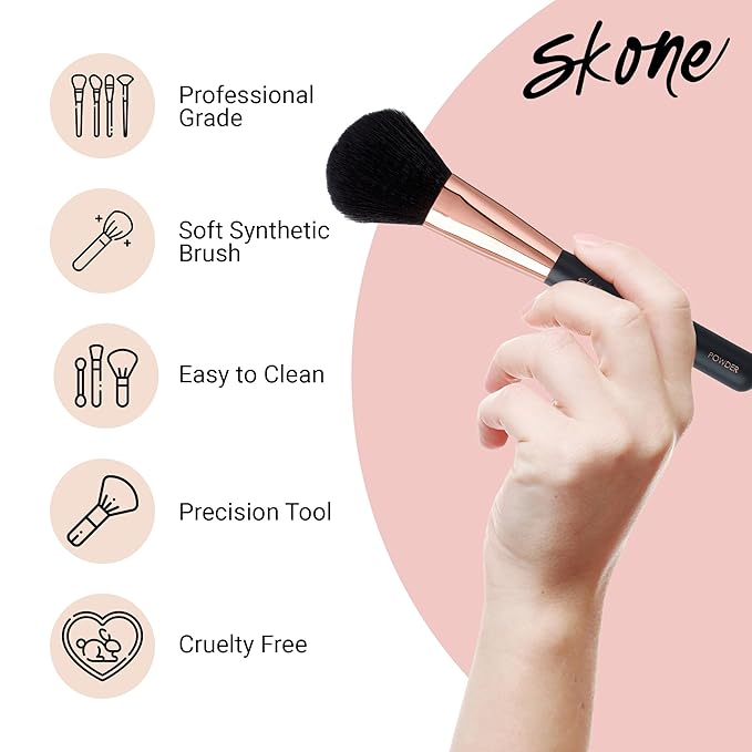 Skone Cosmetics Powder Brush - Luxe Premium Rose Gold and Synthetic Black Face Powder Brush - Professional Grade Nylon Powder Face Brush For Applying Pressed Powder, Loose Powder, Setting Powder, Bronzer - Cruelty Free Makeup Brushes