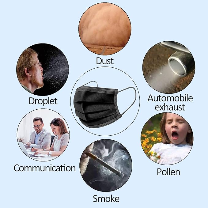 100PCs Black Disposable Face Mask 3-Ply Breathable & Comfortable Safety Mask, Protective Masks for Home, Office, School and Outdoors