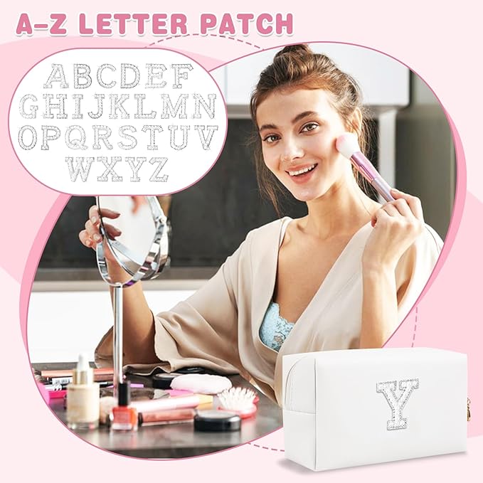 Bride Gifts – Personalized Initial Makeup Bag with Pearl Rhinestone Patch, Preppy White Monogram Cosmetic/Toiletry Pouch, bridesmaid Gifts, Bridal Shower Gifts, Wedding Gifts, Bridal Gifts,Y