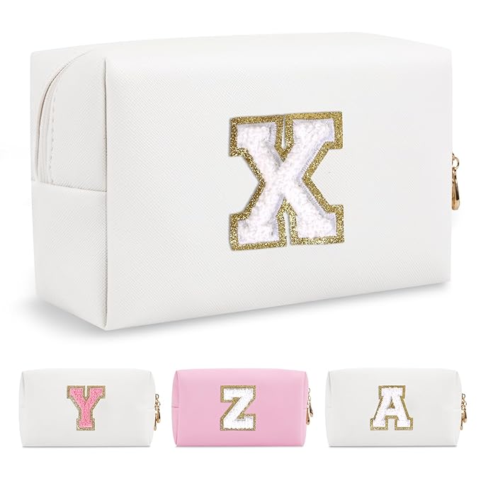 Small Personalized Initial A-Z Preppy Patch Makeup Bag,White PU Chenille Letter Travel Cosmetic Pouch with Zipper,Cute Toiletry Bag,Gift Ideal for Teen Girls Women Teacher Bridesmaid,Letter X