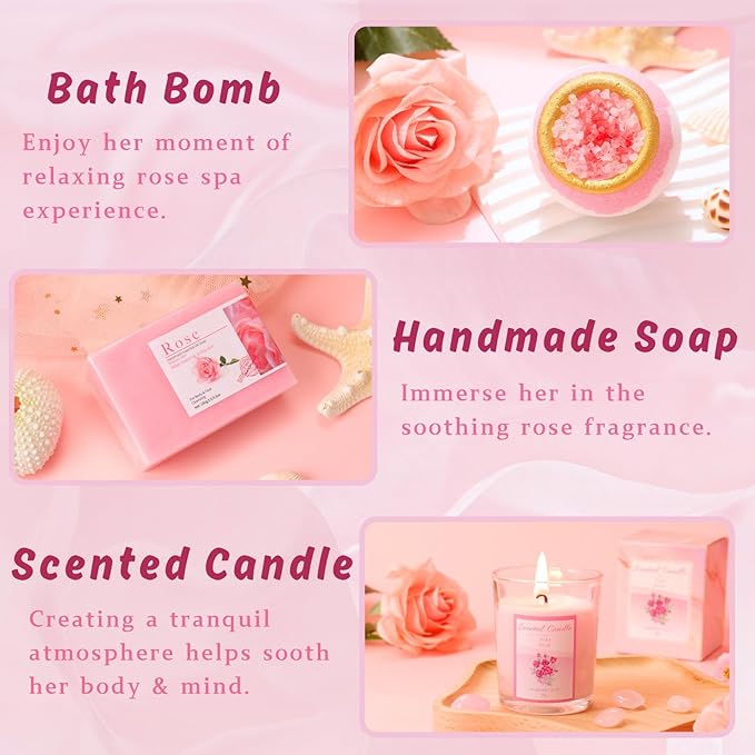 Birthday Gifts for Women Happy Birthday Gift Basket Bath Set for Friend Her Female Wife Girlfriend Daughter Sister Coworker Teacher Unique Pink Rose Tumbler