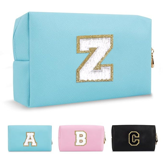Small Personalized Initial A-Z Preppy Patch Makeup Bag,PU Chenille Letter Travel Cosmetic Pouch with Zipper,Blue Cute Toiletry Bag,Gift Ideal for Teen Girls Women Teacher Bridesmaid,Letter Z