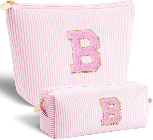 Bridesmaid Gifts Wedding Day - Bridal Shower Gifts,Maid of Honor Gifts,Initials Makeup Bag Set Cosmetic Bag - Pink,B
