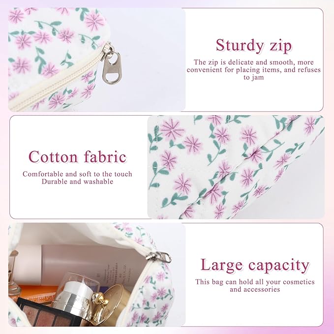 Anfly Makeup Bag, Quilted Cosmetic Bags, Large Floral Make Up Bag, Cute Makeup Bag 3PC Set for Women Girls (Purple)