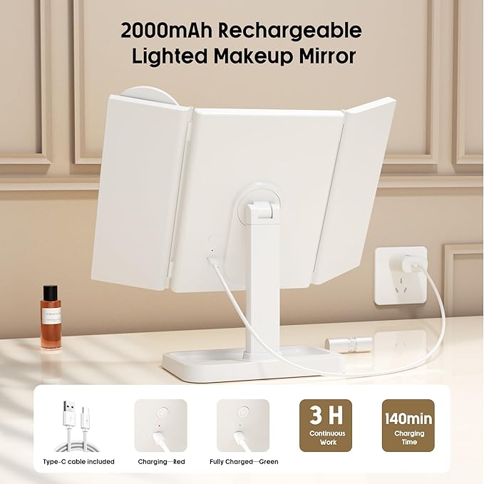 Makeup Vanity Mirror with Lights, Rechargeable Lighted Makeup Mirror with 2X 3X 10X Magnification, Led Makeup Mirror with 3 Colors Lights, Portable Mirror for Travel Desk, Gifts for Women Girls
