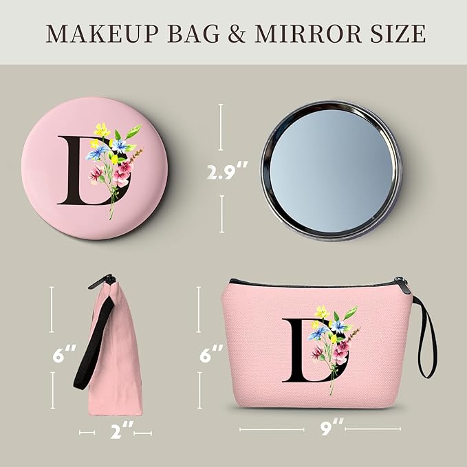 Women Birthday Maid of Honor Monogrammed Gifts for Bride Bridesmaid Sister Friend Her Teacher Makeup Cosmetic Bag with Mirror Mothers Day Christmas Graduation D