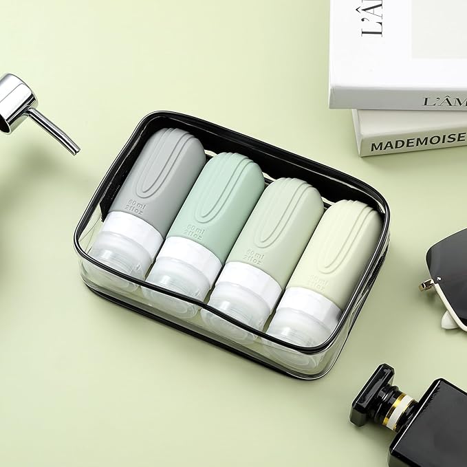Travel Bottles for Toiletries, Tsa Approved 2oz Travel size Bottles, BPA Free Leak Proof Travels Toiletry Containers, Traveler Accessories with Toiletry Bag for Shampoo Liquid (4 Pack)