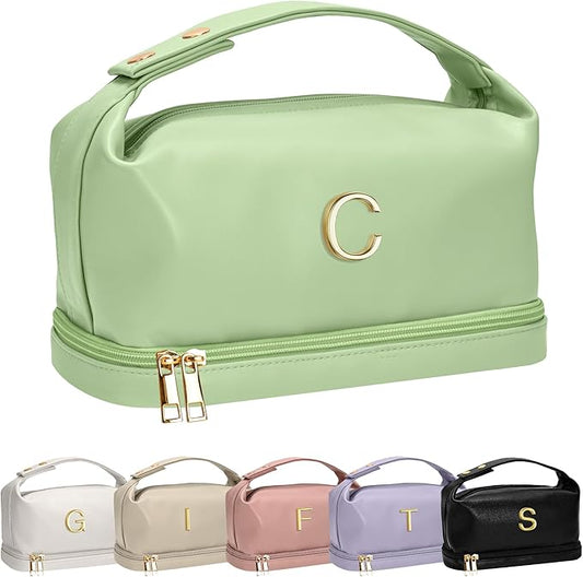 Gifts for 9 10 11 12 13 14 15 16 17 18 19 Year Old Girls, Travel Makeup Bag with Handle, Initial Double Layer Cosmetic Bag with Makeup Brush Organizer, Gifts for Friends Female Mom